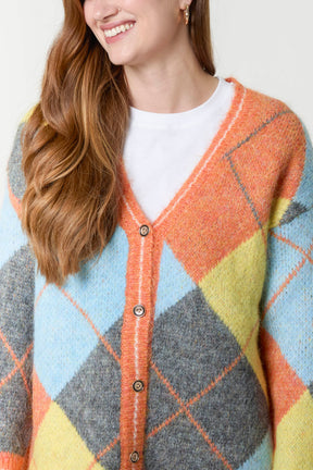 Colour Block Argyle Knit Cardigan