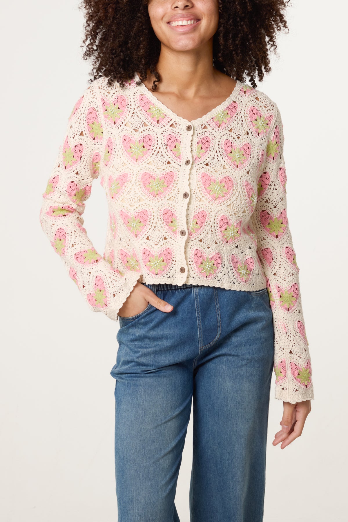 Beaded Heart Pattern Crochet Cardigan
