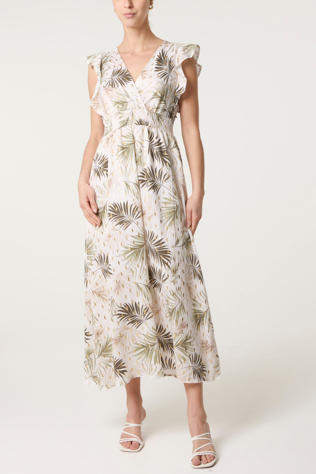 Metallic Detail Shirred Leaf Dress