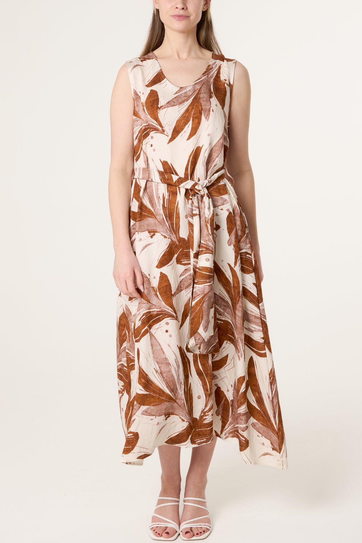 Abstract Leaf Tie Front Midi Dress