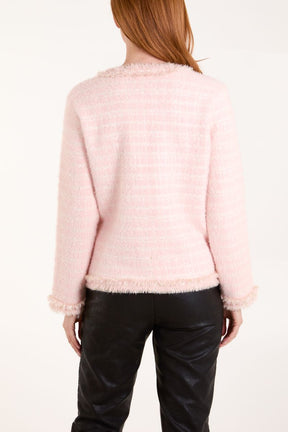 Pearl Button Check Knit Cardigan Jacket