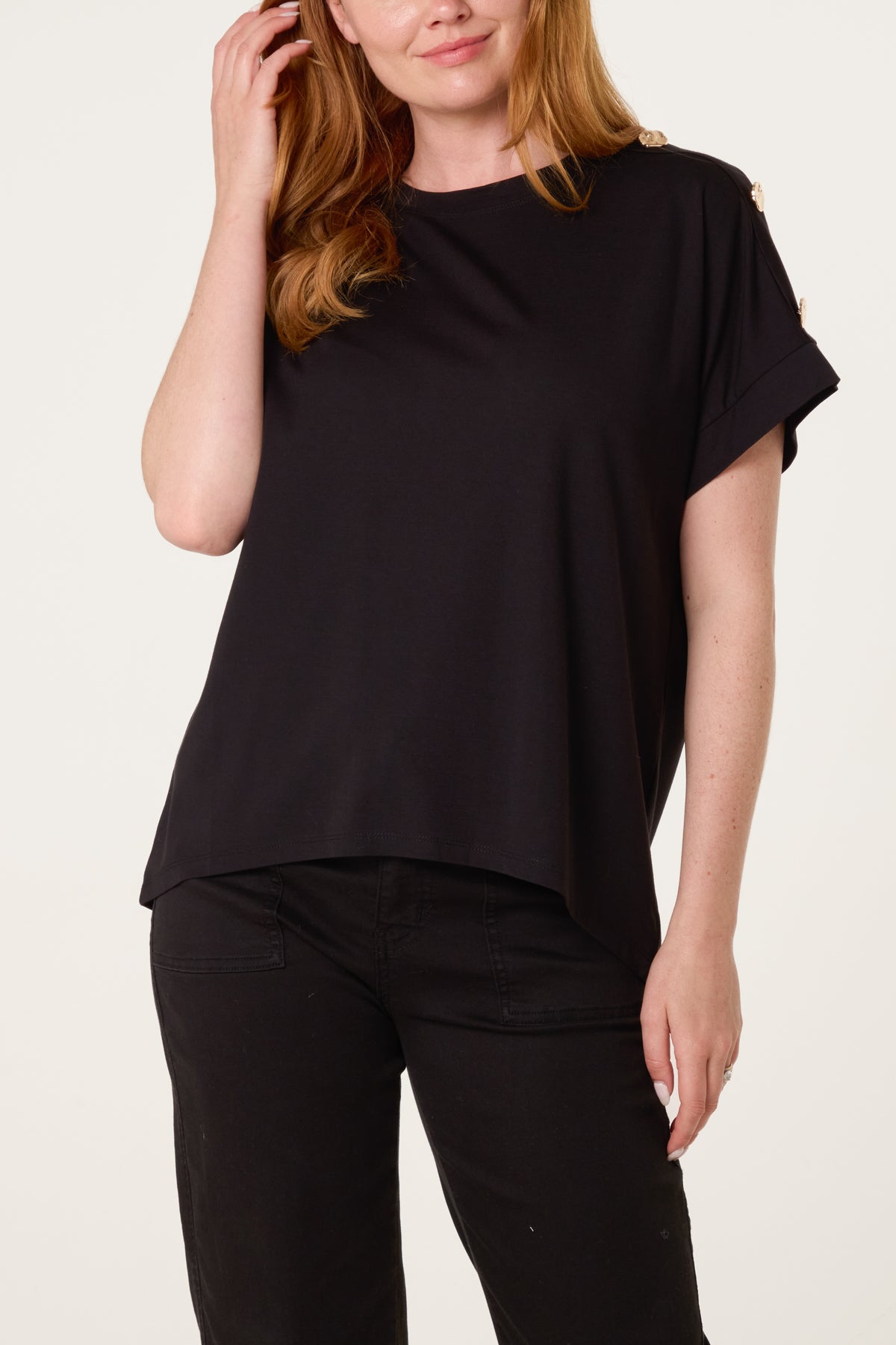 Gold Buttons Detail Round Neck T-Shirt