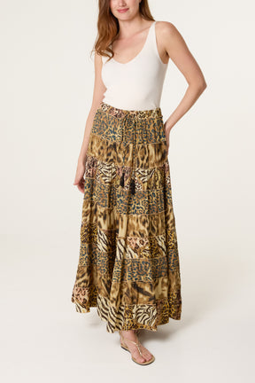 Metallic Leopard Tiered Maxi Skirt