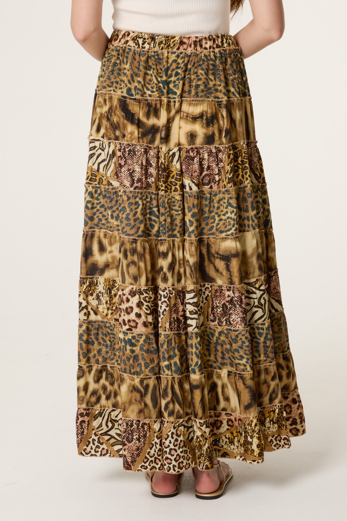 Metallic Leopard Tiered Maxi Skirt