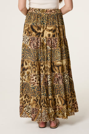 Metallic Leopard Tiered Maxi Skirt