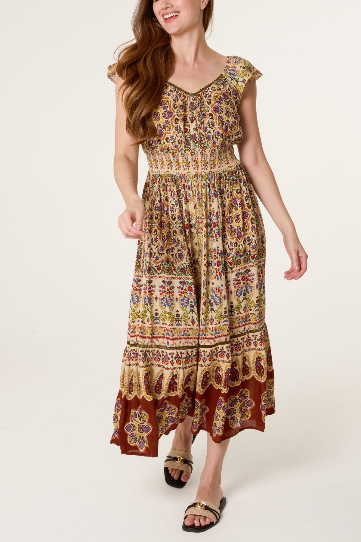 V-Neck Button Midi Printed Dress