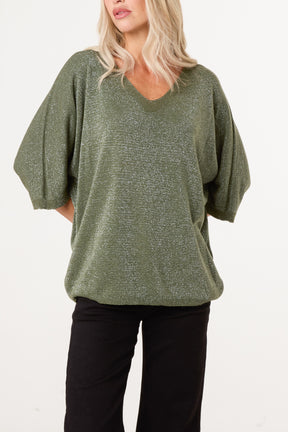 Sparkly Effect V-Neck 3/4 Sleeve Knit Top