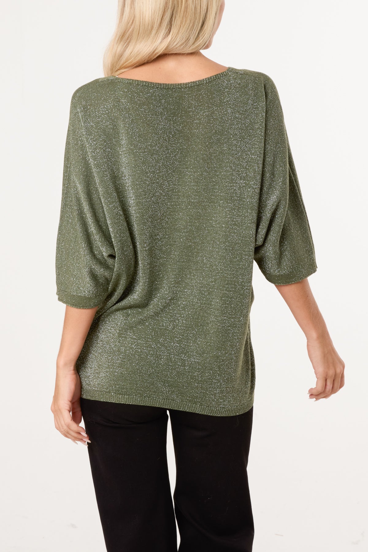 Sparkly Effect V-Neck 3/4 Sleeve Knit Top