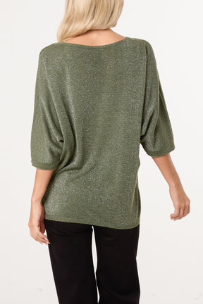 Sparkly Effect V-Neck 3/4 Sleeve Knit Top