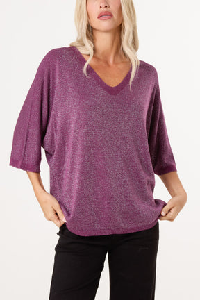 Sparkly Effect V-Neck 3/4 Sleeve Knit Top