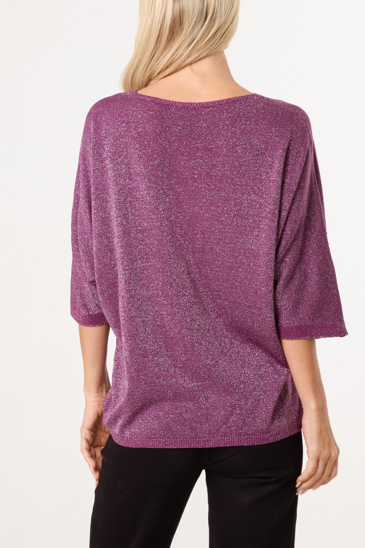 Sparkly Effect V-Neck 3/4 Sleeve Knit Top