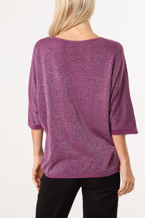 Sparkly Effect V-Neck 3/4 Sleeve Knit Top