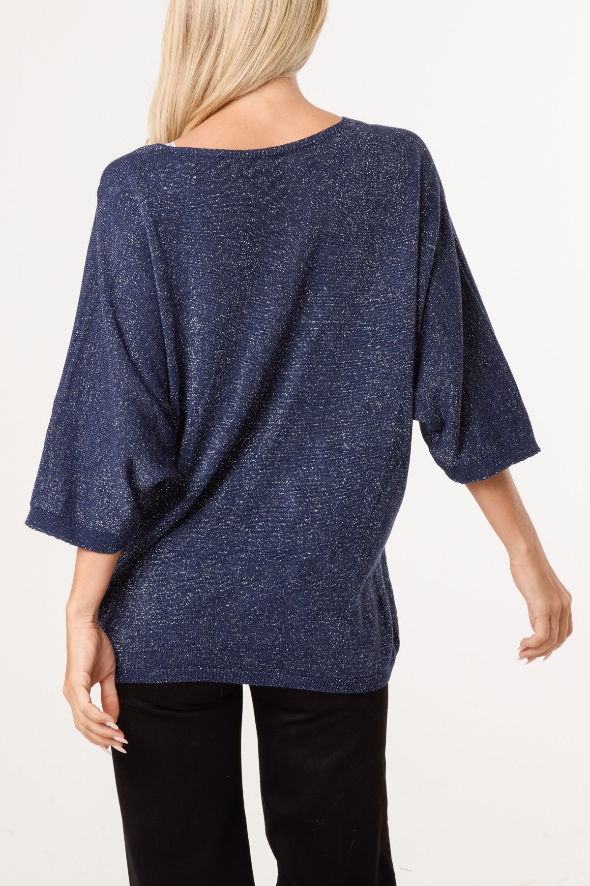 Sparkly Effect V-Neck 3/4 Sleeve Knit Top