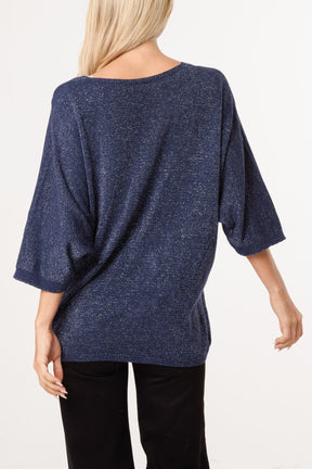 Sparkly Effect V-Neck 3/4 Sleeve Knit Top