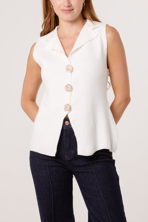 Lapel Collar Gold Button Knitted Waistcoat