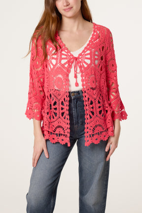 Wide Sleeve Floral Crochet Cardigan