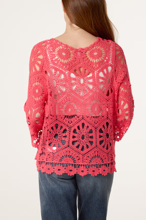 Wide Sleeve Floral Crochet Cardigan