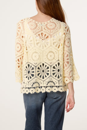 Wide Sleeve Floral Crochet Cardigan