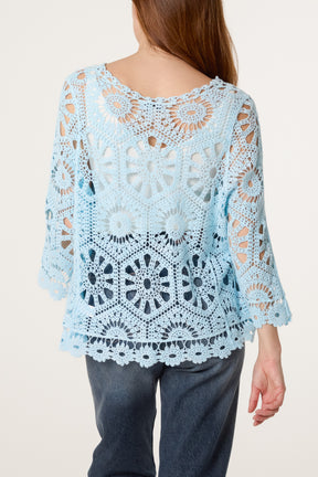 Wide Sleeve Floral Crochet Cardigan