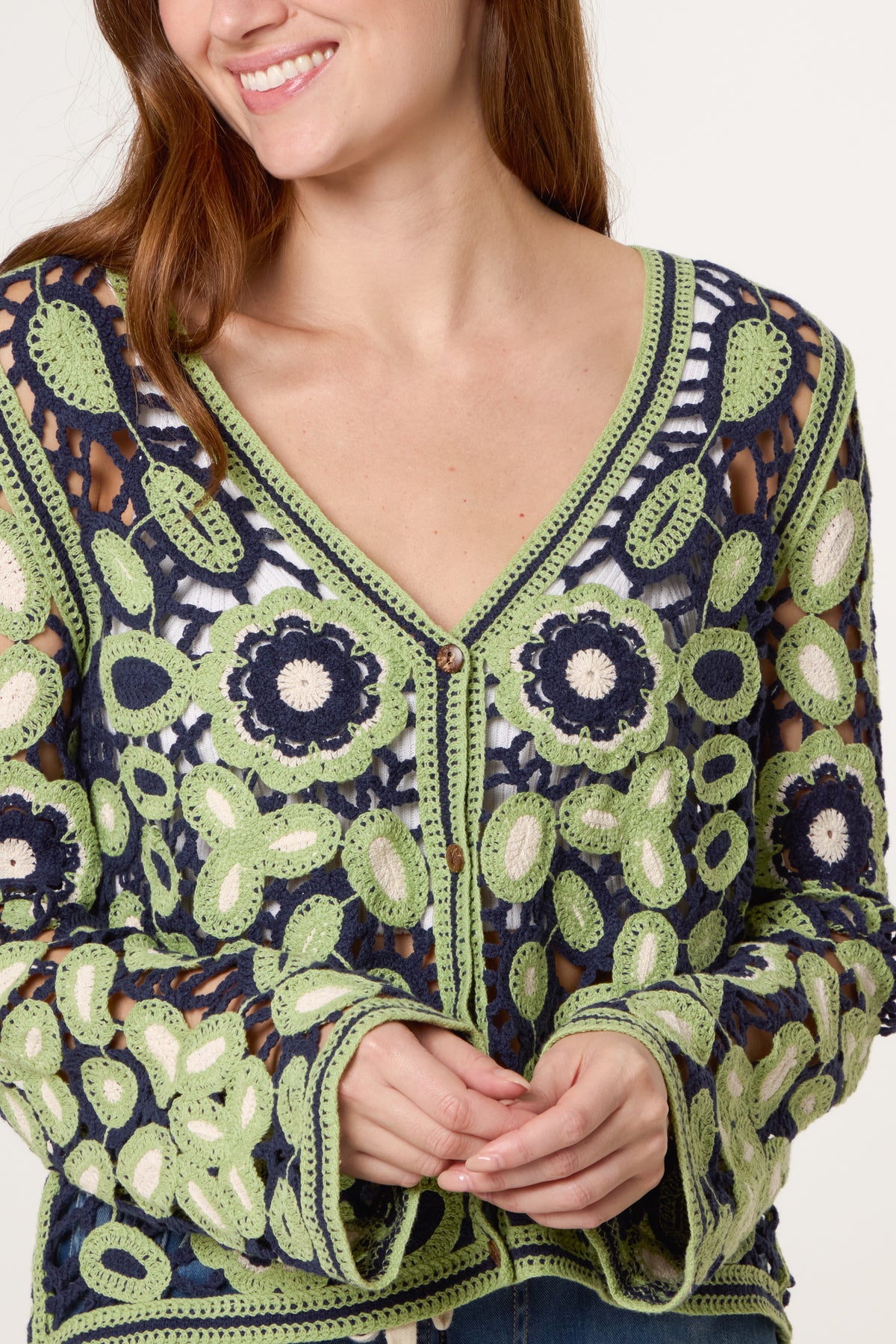 Abstract Floral Crochet V-Kneck Cardigan