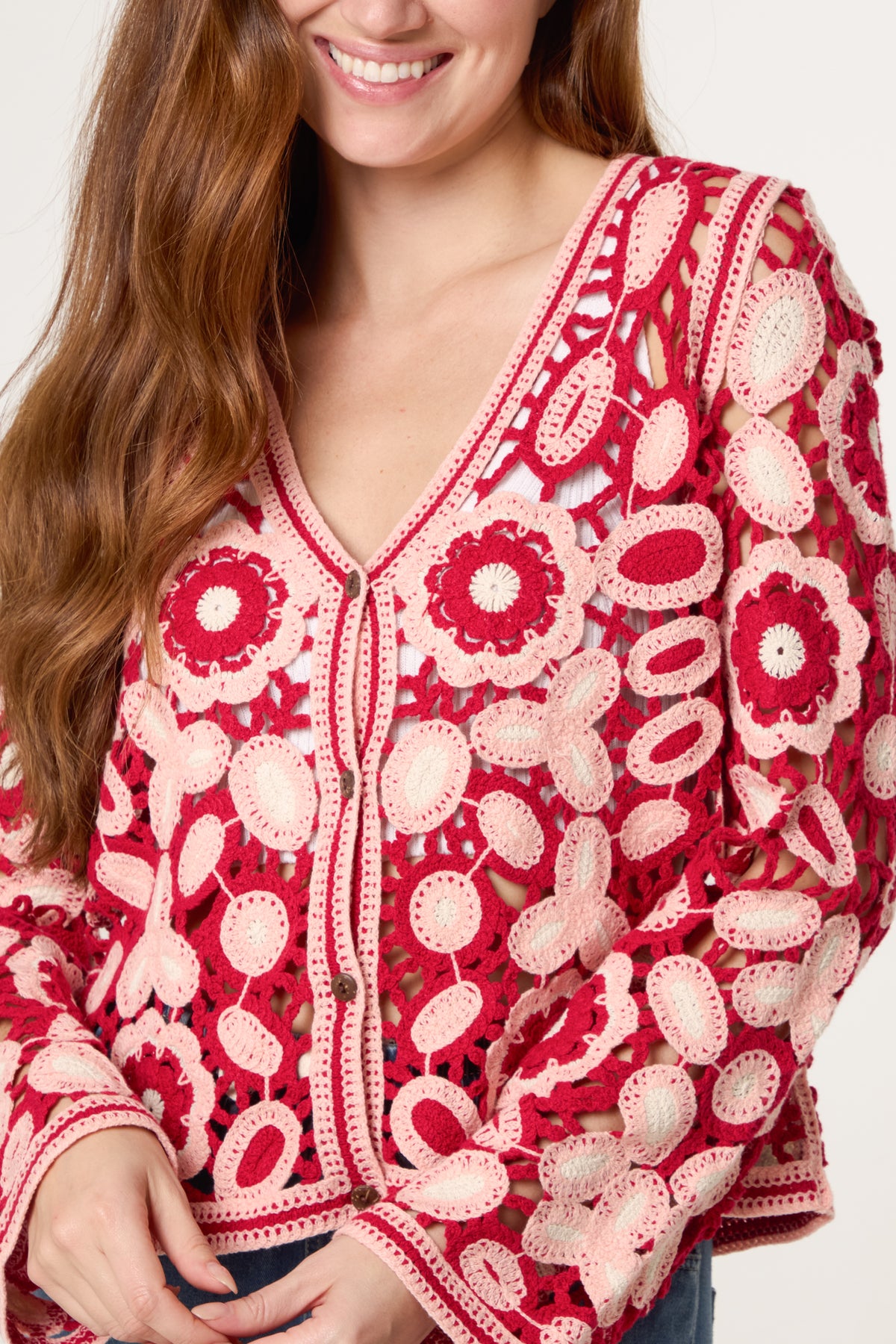 Abstract Floral Crochet V-Kneck Cardigan
