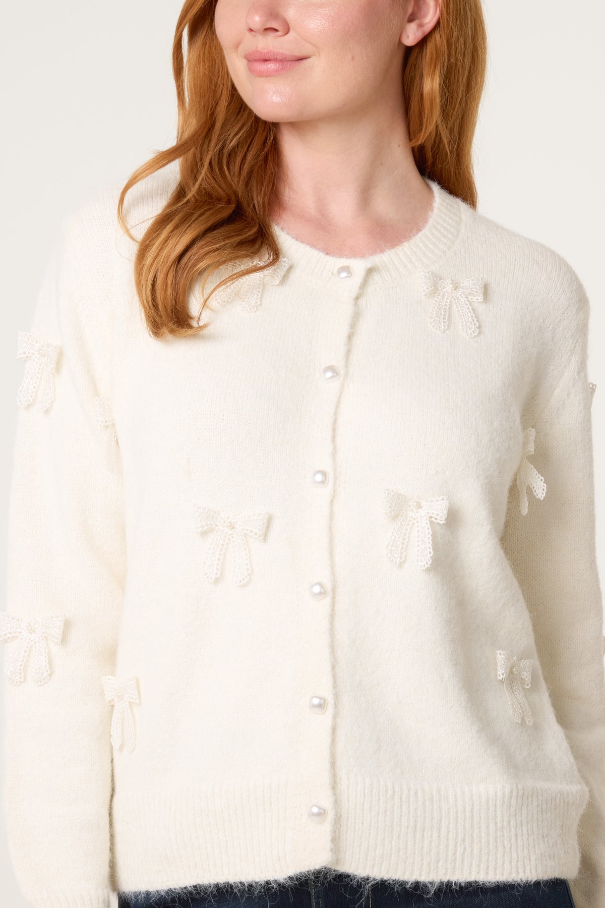 Bow Pearl Button Through Knit Cardigan