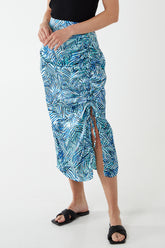 Satin Ruched Printed Midi Skirt