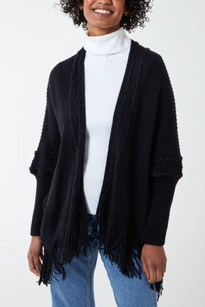 Ribbed Cardigan With Fringe Hem
