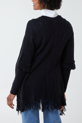 Ribbed Cardigan With Fringe Hem
