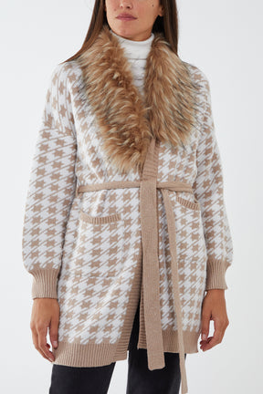 Detachable Faux Fur Super Soft Touch Lurex Patterned Belted Cardigan